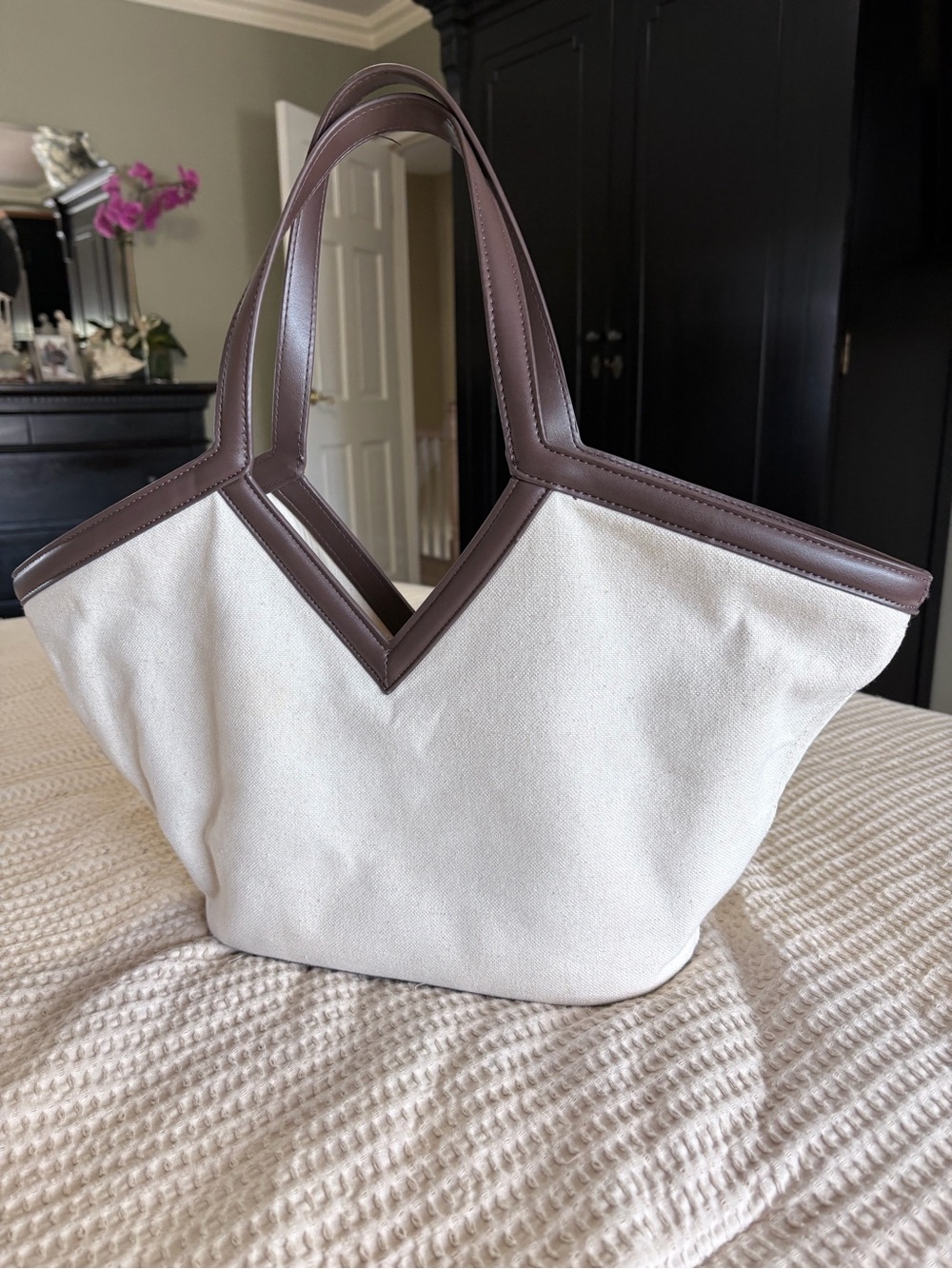 Zara Cream Canvas Tote with Brown Trim